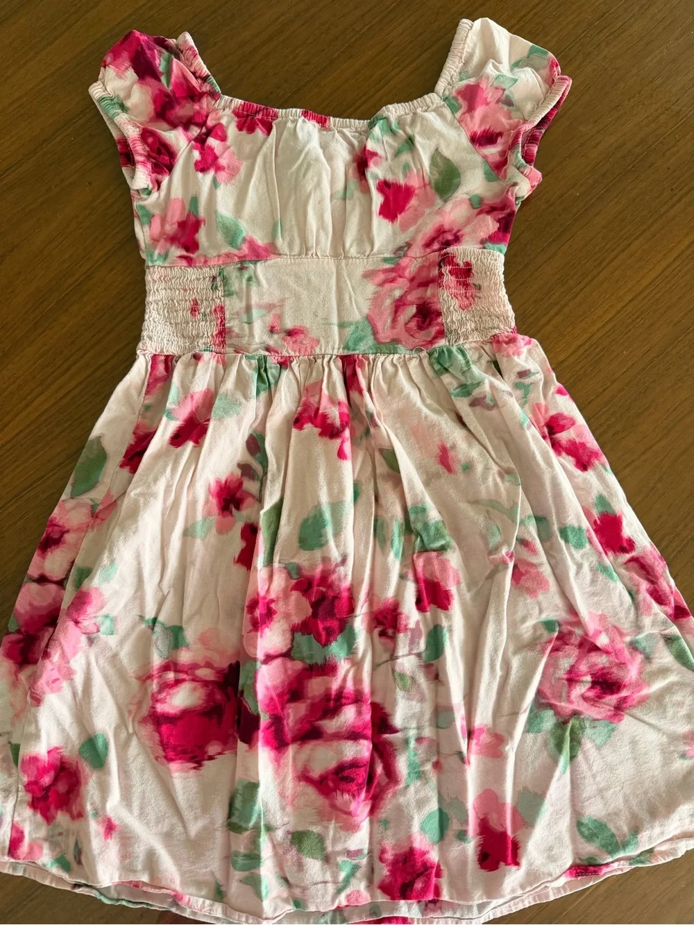 7-8 Kids White Smocked Dress with Pink Floral Print - Picture 3 of 3